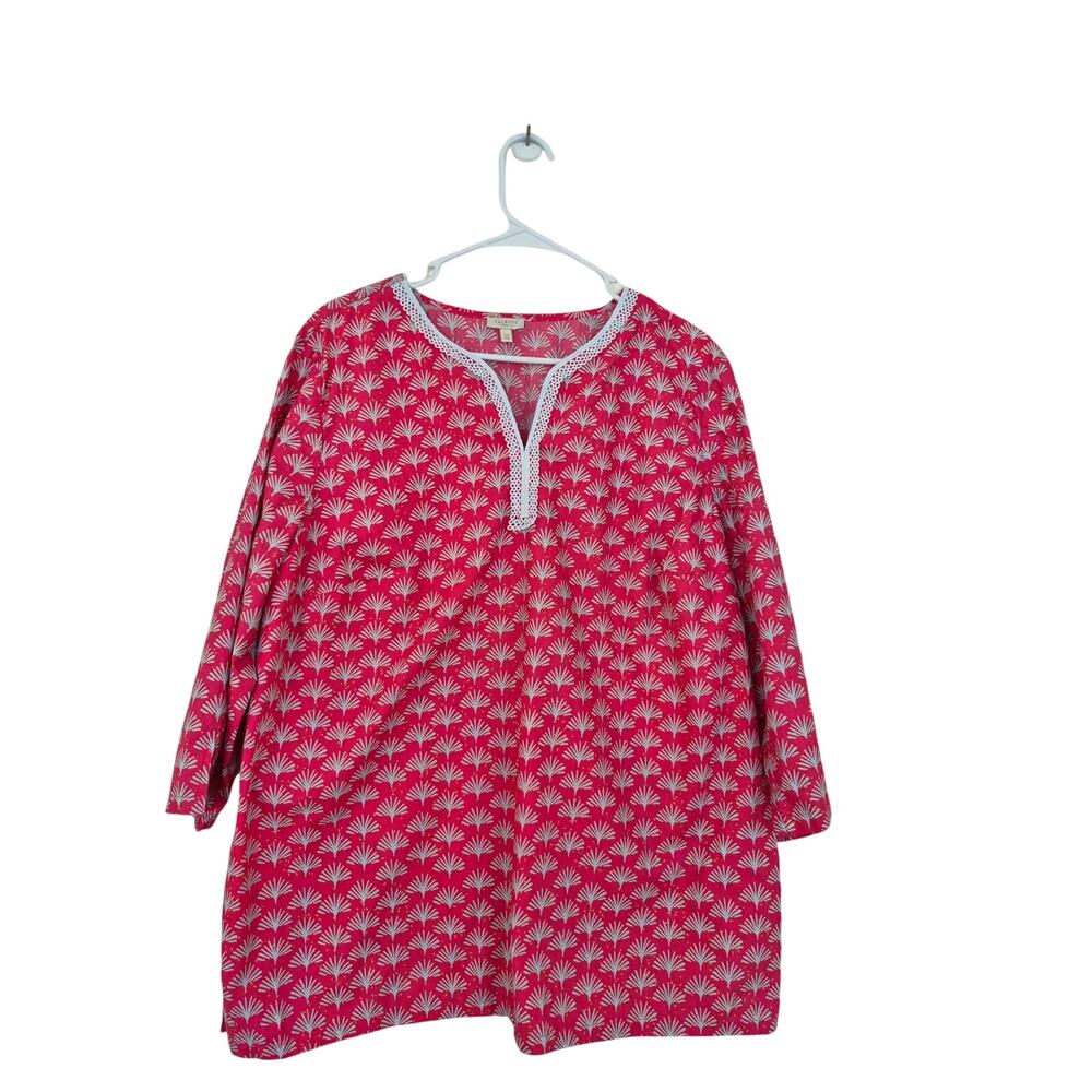 Talbots 2XL Embroidered Collar Boho Printed Split Neck Long Sleeve Cotton Top